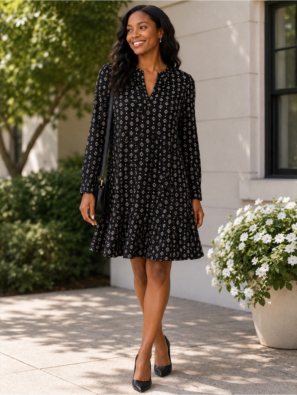 Joie 100% Silk Black & Ivory Print Drop Waist Mini Dress Long Sleeve  Sz 10-12